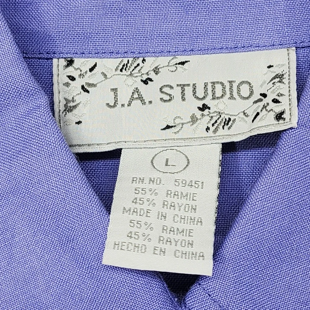 Vintage JA STUDIO Dress Womens L Purple Rami Rayon Blend Embroidered Belted Midi